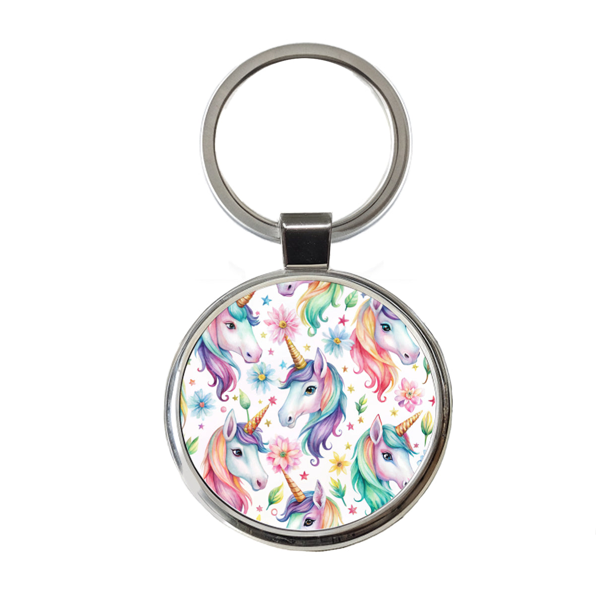 Pretty Unicorn Faces Watercolor Round Metal Keychain