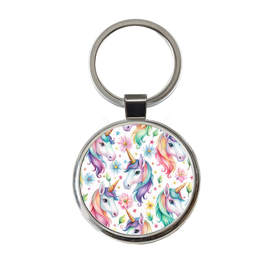 Pretty Unicorn Faces Watercolor Round Metal Keychain
