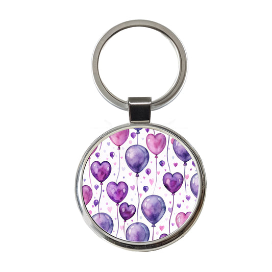 Purple Balloons Hearts Watercolor Birthday Round Metal Keychain