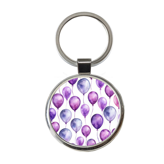 Purple Balloons Watercolor Birthday Round Metal Keychain
