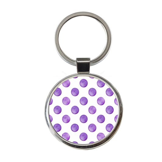 Purple Polka Dots White Background Round Metal Keychain