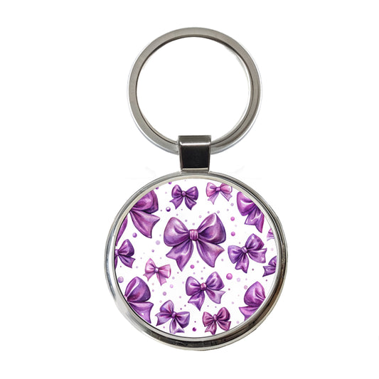 Purple Scattered Coquette Bows Watercolor Round Metal Keychain