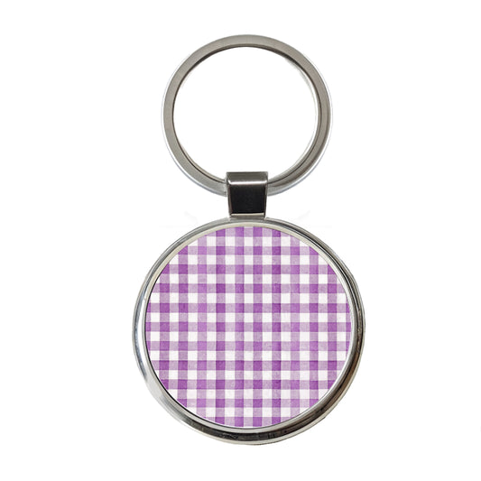 Purple White Gingham Watercolor Round Metal Keychain