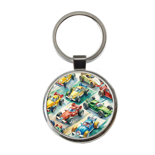 Race Cars Watercolor Round Metal Keychain