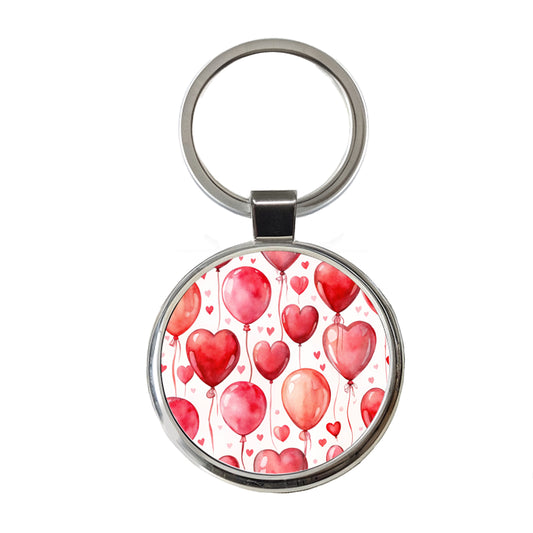Red Balloons Hearts Watercolor Love Anniversary Round Metal Keychain