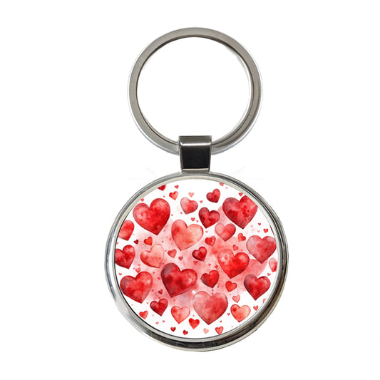 Red Scattered Hearts Love Anniversary Watercolor Round Metal Keychain