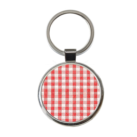 Red White Gingham Watercolor Round Metal Keychain