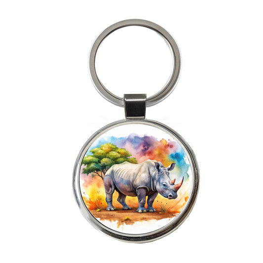 Rhinoceros African Plain Watercolor Design Round Metal Keychain