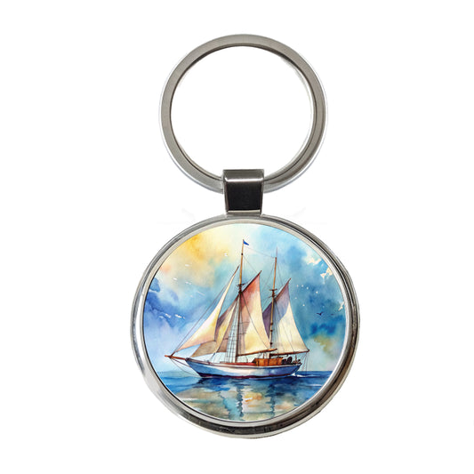 Sailboat At Sea Watercolor Design Round Metal Keychain