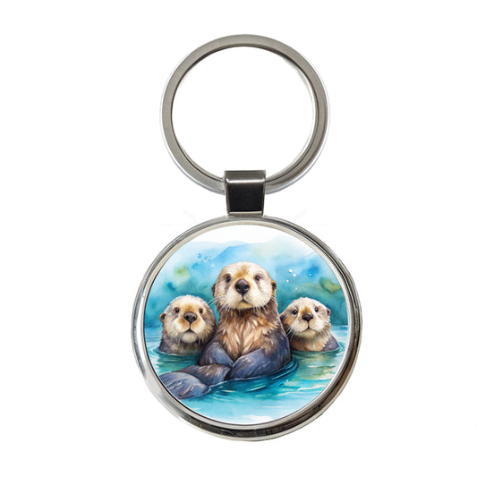 Sea Otters Watercolor Design Round Metal Keychain