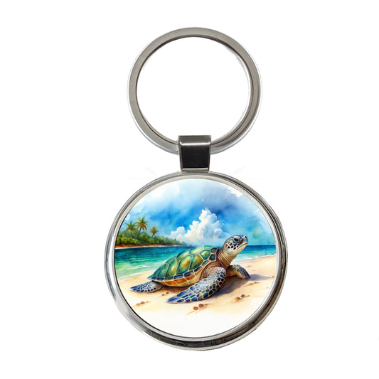 Sea Turtle Beach Watercolor Design Round Metal Keychain