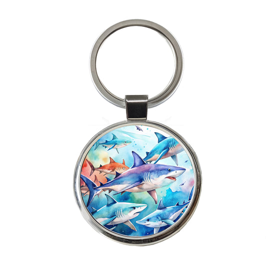 Sharks Watercolor Design Round Metal Keychain