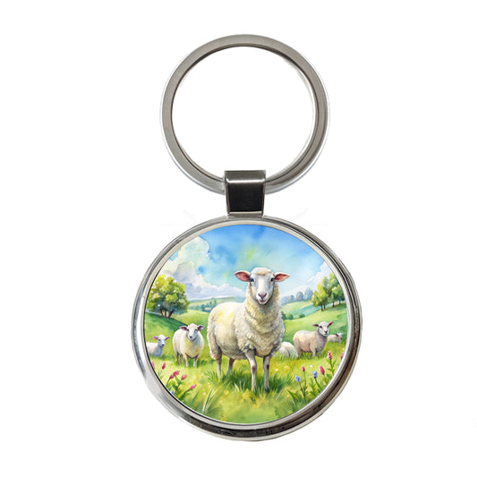 Sheep In Meadow Watercolor Design Round Metal Keychain
