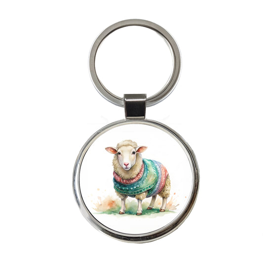 Sheep Wearing A Sweater Watercolor Round Metal Keychain