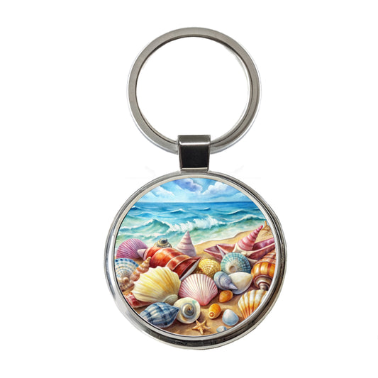 Shells Beach Watercolor Design Round Metal Keychain