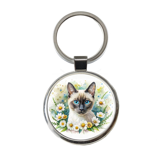 Siamese Cat Watercolor Design With Daisies Round Metal Keychain