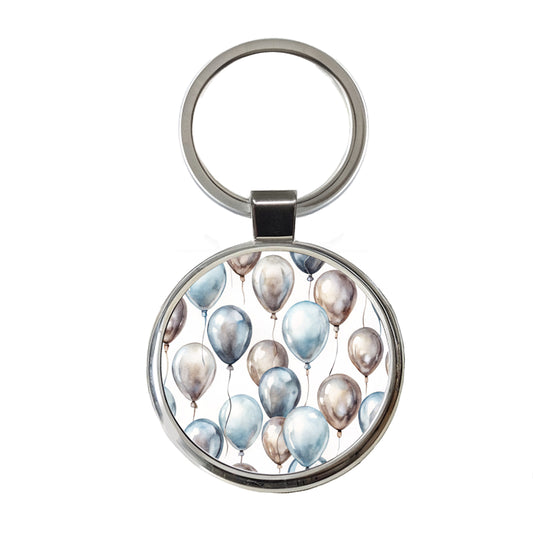 Silver Balloons Watercolor Birthday Anniversary Round Metal Keychain