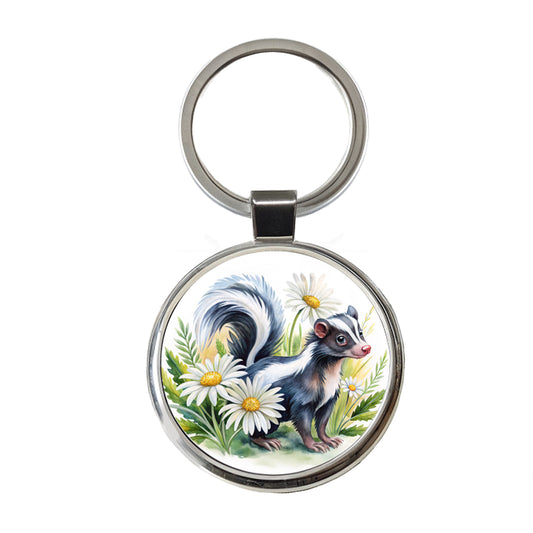 Skunk Watercolor Design With Daisies Round Metal Keychain