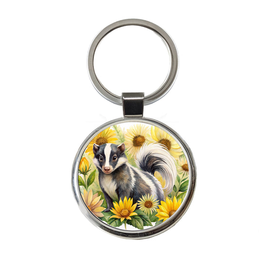 Skunk Watercolor Design With Sunflowers Round Metal Keychain