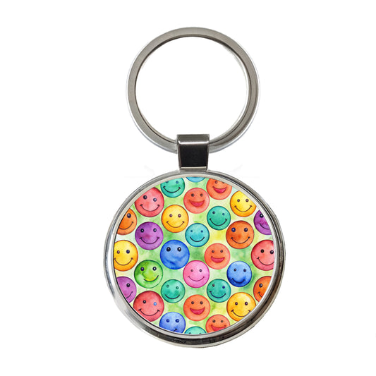 Smile Faces Watercolor Round Metal Keychain