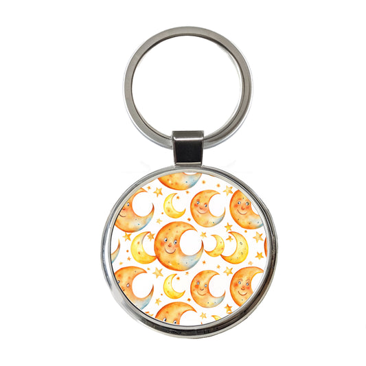 Smiling Crescent Moons Watercolor Round Metal Keychain