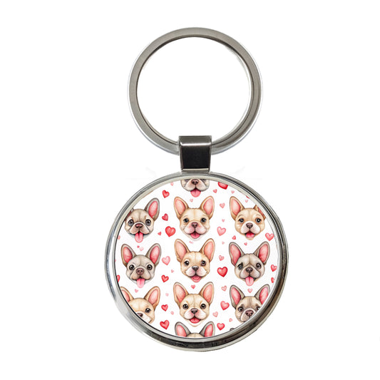 Smiling Cute French Bulldog Dog Faces Hearts Round Metal Keychain