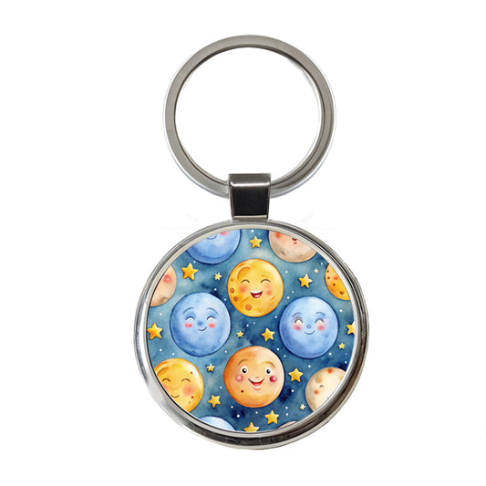 Smiling Moons Watercolor Round Metal Keychain