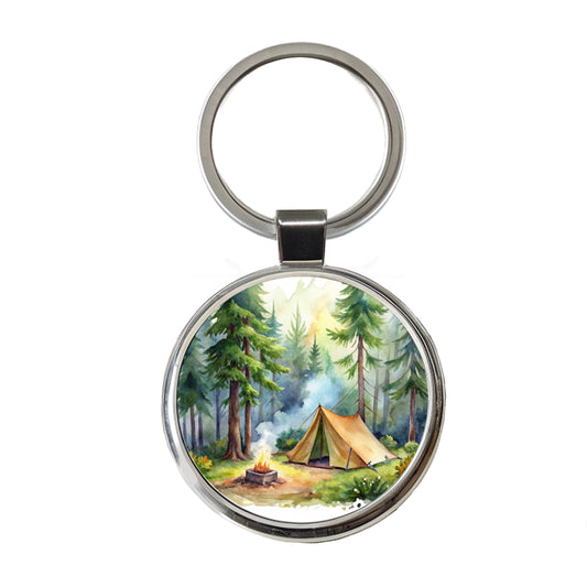 Solo Camping In Forest Watercolor Design Round Metal Keychain