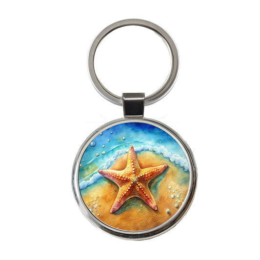 Starfish Sand Watercolor Design Round Metal Keychain