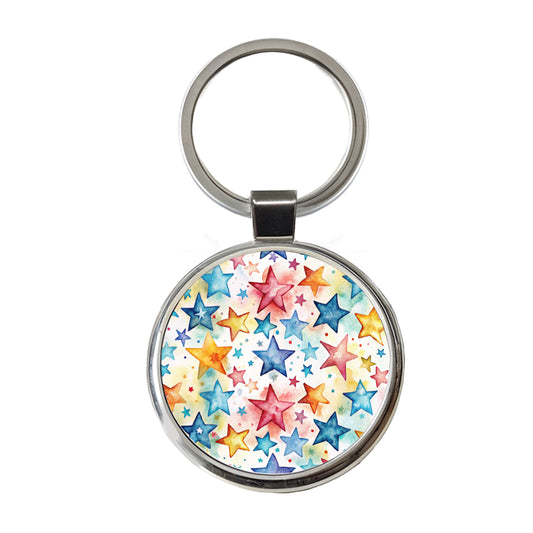 Stars Colorful Watercolor Round Metal Keychain