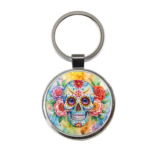 Sugar Skull Watercolor Round Metal Keychain