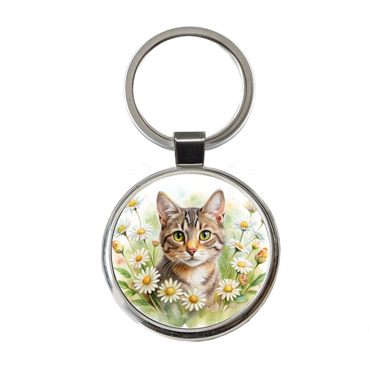 Tabby Cat Watercolor Design With Daisies Round Metal Keychain