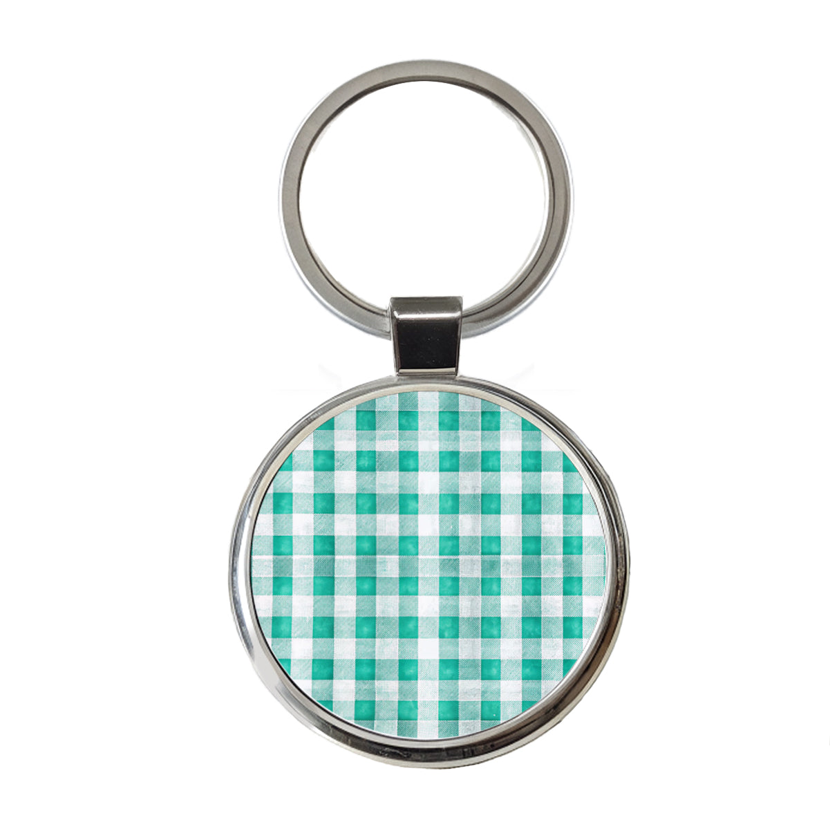 Teal White Gingham Watercolor Round Metal Keychain