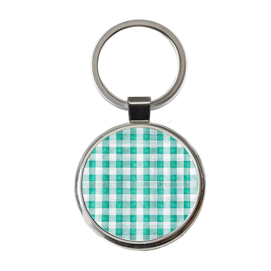 Teal White Gingham Watercolor Round Metal Keychain