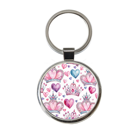 Tiaras Crowns Royalty Hearts Watercolor Round Metal Keychain