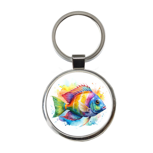 Tropical Fish Watercolor Design Round Metal Keychain