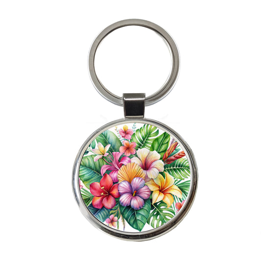 Tropical Flowers Watercolor Design Round Metal Keychain