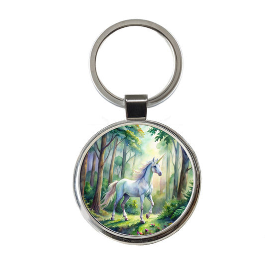 Unicorn In Forest Stunning Watercolor Design Round Metal Keychain