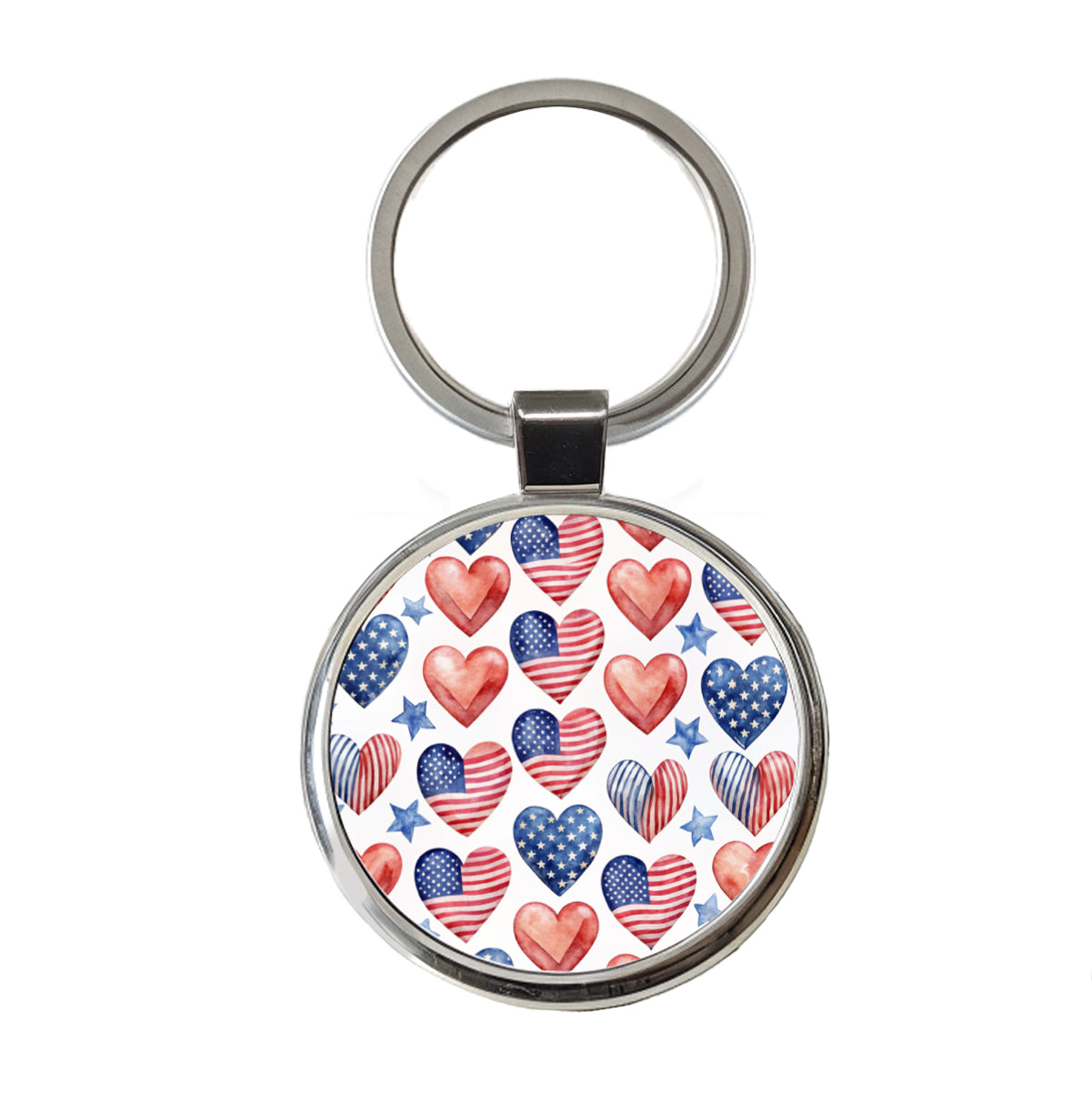 USA American Flags Hearts 4th of July Patriotic Watercolor Round Metal Keychain