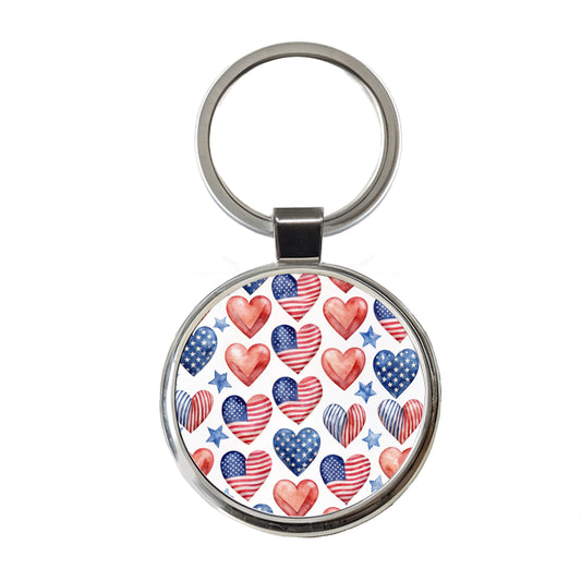 USA American Flags Hearts 4th of July Patriotic Watercolor Round Metal Keychain