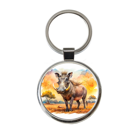 Warthog African Plain Watercolor Design Round Metal Keychain