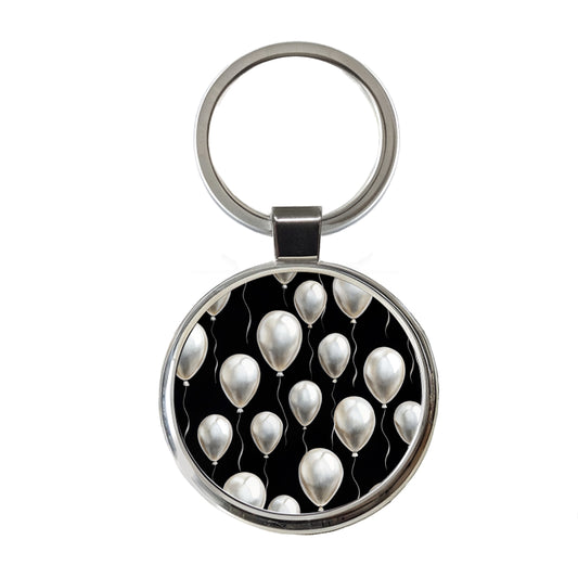 White Balloons Black Background Birthday Round Metal Keychain