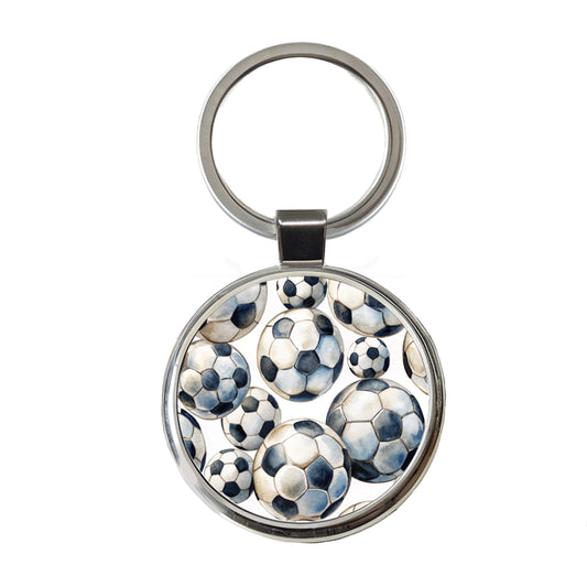 White Black Soccer Balls Watercolor Round Metal Keychain