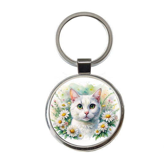 White Cat Watercolor Design With Daisies Round Metal Keychain