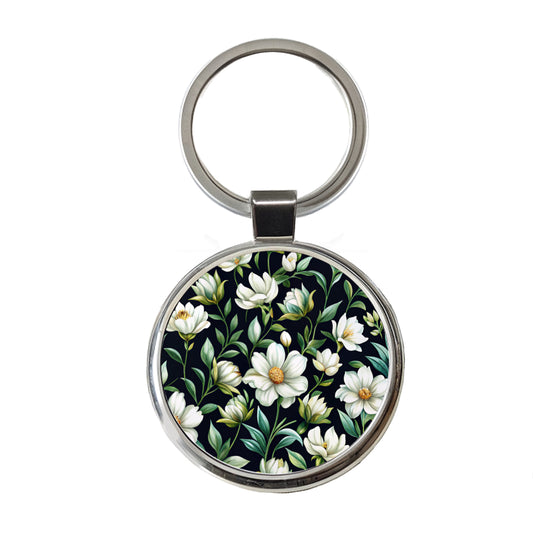 White Flowers Black Background Round Metal Keychain