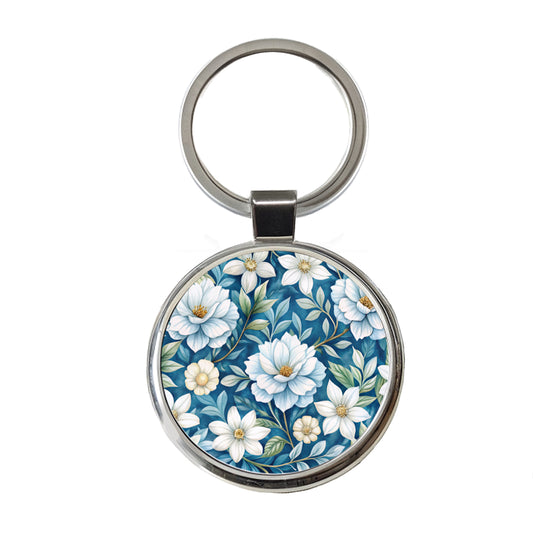 White Flowers Blue Background Round Metal Keychain