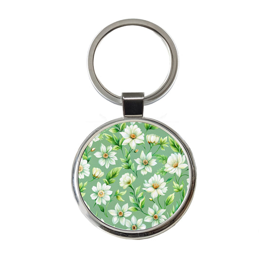 White Flowers Green Background Round Metal Keychain