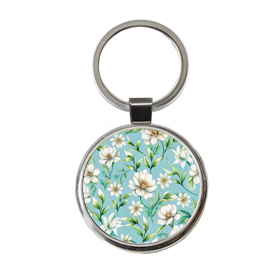 White Flowers Light Blue Background Round Metal Keychain