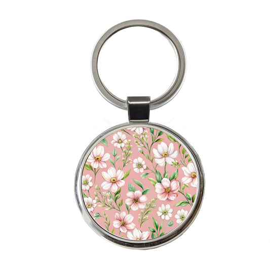 White Flowers Pink Background Round Metal Keychain