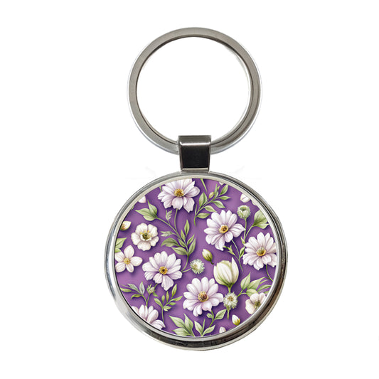 White Flowers Purple Background Round Metal Keychain
